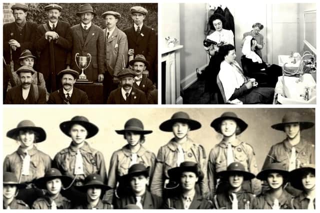 Photos going clockwise, from top left: Unknown anglers club with trophy taken by local photographer Speight; Hairdressing was on the curriculum at British Thomson-Houston's girls' club; One of the borough's Girl Guide units gather for a photograph in the 1920s.