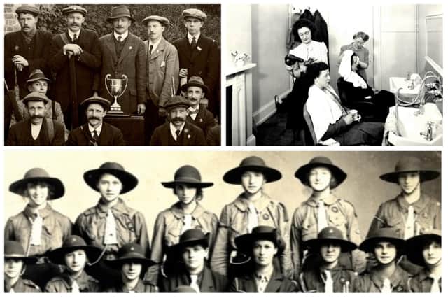 Photos going clockwise, from top left: Unknown anglers club with trophy taken by local photographer Speight; Hairdressing was on the curriculum at British Thomson-Houston's girls' club; One of the borough's Girl Guide units gather for a photograph in the 1920s.