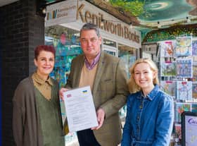 Doug Leaf, pictured with Judy Brook & Charlotte Vaughan of Kenilworth Books, is re-appealing for people to drop humanitarian items to The Kenilworth Aid for Ukraine campaign. Kenilworth Books will be one of the three drop-off points in the town. Credit: Mike Baker
