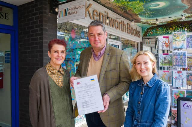 Doug Leaf, pictured with Judy Brook & Charlotte Vaughan of Kenilworth Books, is re-appealing for people to drop humanitarian items to The Kenilworth Aid for Ukraine campaign. Kenilworth Books will be one of the three drop-off points in the town. Credit: Mike Baker