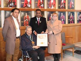 The presentation took place at the council chamber and pictured in front of Dr Shera''s mayoral portrait are Bishop Yousaf Nadeem Bhinder, of His Grace Churches International; Dr Shera; Samuel Payara, chair of Implementation Minority Rights Forum Pakistan and director of Bright Futures Society Pakistan; and Labour's Rugby constituency chair Cllr Barbara Brown.