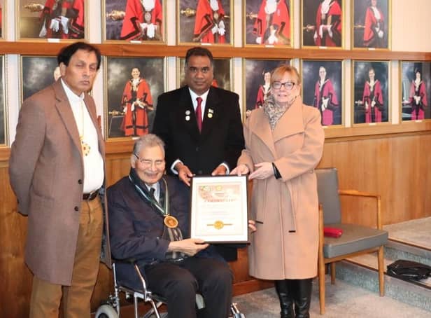The presentation took place at the council chamber and pictured in front of Dr Shera''s mayoral portrait are Bishop Yousaf Nadeem Bhinder, of His Grace Churches International; Dr Shera; Samuel Payara, chair of Implementation Minority Rights Forum Pakistan and director of Bright Futures Society Pakistan; and Labour's Rugby constituency chair Cllr Barbara Brown.