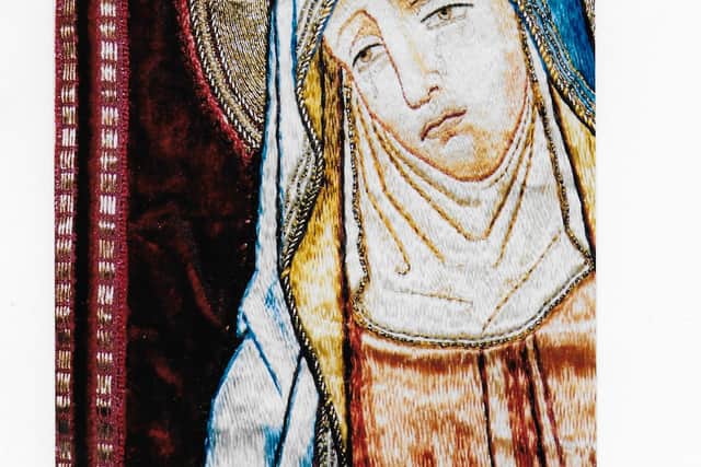 The embroidery of the Weeping Madonna was done for a church in Rugby in the late 19th century.