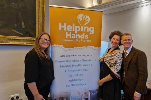 Left to right: Lianne Kirkman (chief executive of Helping Hands) and Catherine Williamson (president of Leamington Soroptimists) with the speaker at the event, Richard McCann.