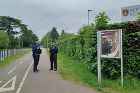 Safer Neighbourhoods Team officers patrol around Myton School in Warwick following the bomb hoax yesterday. Picture courtesy of Warwickshire Police.