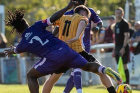 Owen Farmer wins his tackle for Leamington on Saturday. Pic by VKM Photography.