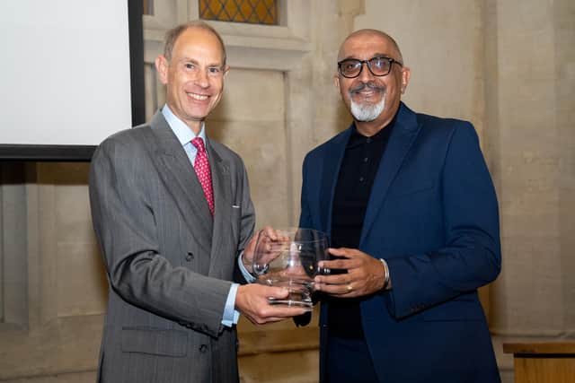 Harvinder ‘Babs’ Kandola receives the Spirit of Sport and Recreation Award from HRH Prince Edward The Duke of Edinburgh at the Sport + Leisure Alliance's AGM 2023. Photo by Alex Daniels (www.aj-esq.co.uk)