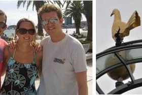 Stephen Realf (left). Pictured with family (middle) and Maria doing the stunt in memory of her brother (right).