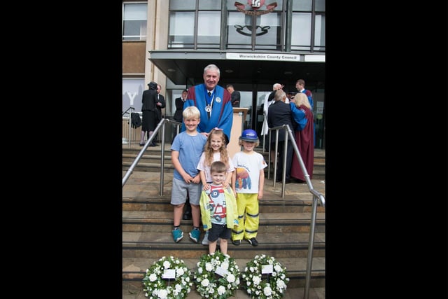 John Fletcher, Juror of Warwick Court Leet with his grandchildren Charlotte and Harrison Malcolm and two other children, Samuel and Hugo Strain. Photo by Gill Fletcher