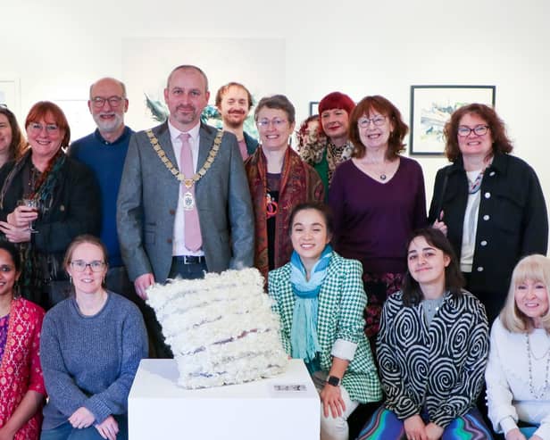 Rugby's Deputy Mayor Simon Ward with the artists. Picture: Mohini Mistry