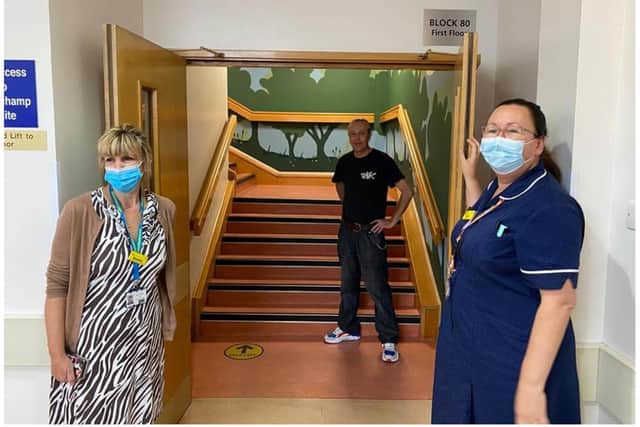 Escape Arts partnered with Leamington-based BRINK Contemporary Arts to help transform a large hospital stairwell at Warwick hospital, which was also supported by the SWFT Charity.  Photo supplied