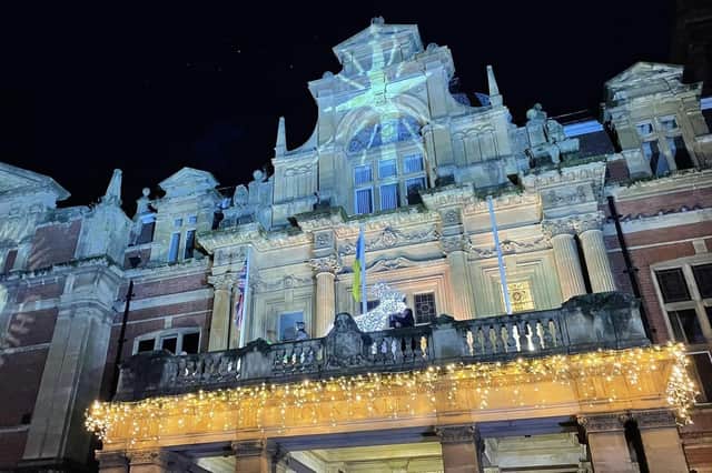 Leamington Town Hall with its Christmas lights switched on for the first time this year. Picture courtesy of Warwick District Council.