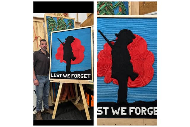 Wellesbourne Tree Surgeon Chris Wyatt with his VE Day tribute artwork he made from old climbing ropes. Pictures supplied.