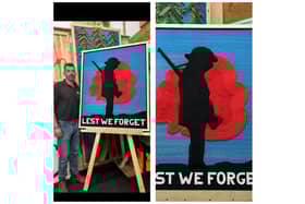 Wellesbourne Tree Surgeon Chris Wyatt with his VE Day tribute artwork he made from old climbing ropes. Pictures supplied.