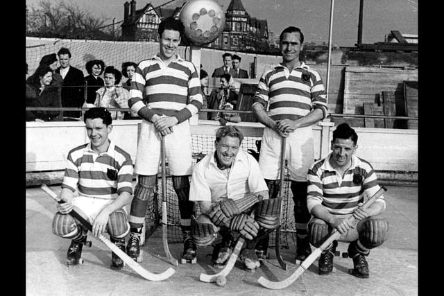 Southsea Rangers at Southsea skating rink. Pictured in the 1950's are the Southsea Rangers team supplied by Fred Pullin. back row left is Fred Johnson and back right is Fred Pullin. The goalkeeper front centre is Peter Goldring.