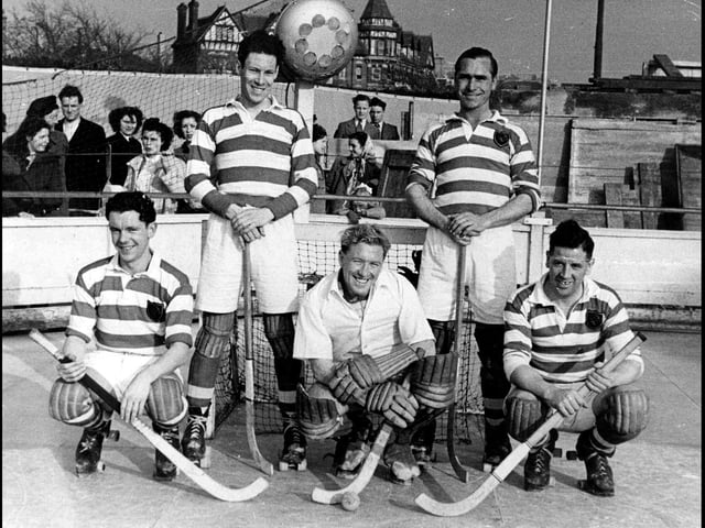 Southsea Rangers at Southsea skating rink. Pictured in the 1950's are the Southsea Rangers team supplied by Fred Pullin. back row left is Fred Johnson and back right is Fred Pullin. The goalkeeper front centre is Peter Goldring.