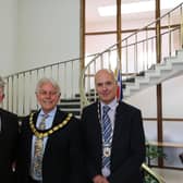 At the Warwickshire County Council meeting held on 14 May, the outgoing Chairman, Councillor Chris Kettle, handed the chain of office to Councillor Chris Mills.Councillor Mills was duly elected as Chair of Warwickshire County Council with Councillor Andy Jenns taking over the reins of Vice-Chair. Picture supplied.