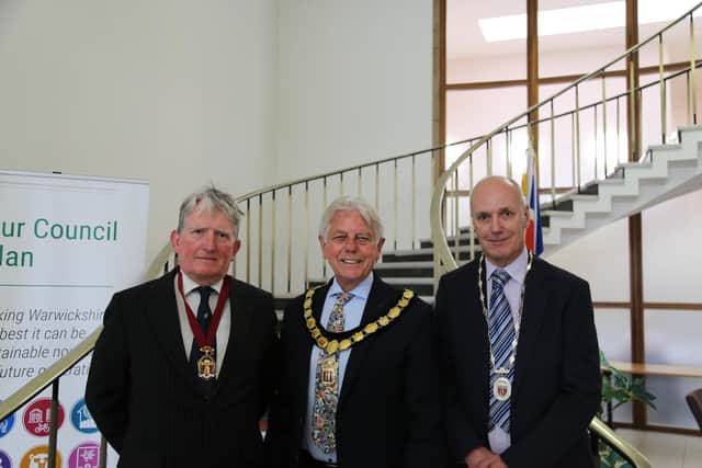 At the Warwickshire County Council meeting held on 14 May, the outgoing Chairman, Councillor Chris Kettle, handed the chain of office to Councillor Chris Mills.Councillor Mills was duly elected as Chair of Warwickshire County Council with Councillor Andy Jenns taking over the reins of Vice-Chair. Picture supplied.