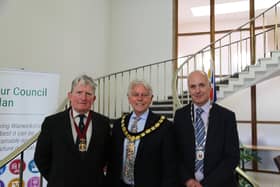 At the Warwickshire County Council meeting held on 14 May, the outgoing Chairman, Councillor Chris Kettle, handed the chain of office to Councillor Chris Mills.Councillor Mills was duly elected as Chair of Warwickshire County Council with Councillor Andy Jenns taking over the reins of Vice-Chair. Picture supplied.