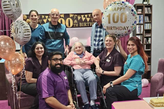 Theresa celebrating her 100th birthday in style at Care UK's Priors House