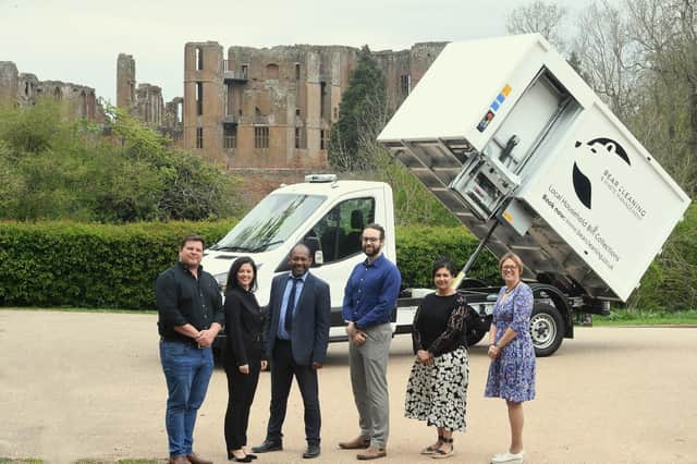 From the left, Ted and Kate Hunter (Bear Cleaning), Martin Nwangwa (CWLEP Growth Hub), Alexander Vill (CWRT), Cllr Kam Kaur (Warwickshire County Council) and Sarah Windrum (CWLEP)