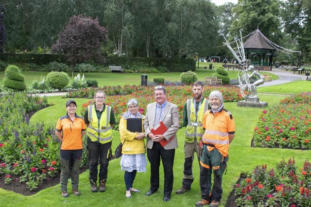 Rugby Borough Council gardeners Catherina Holyoak and Leah Anderson-Howe, Heart of England in Bloom judges Nicola Clarke and Joe Hayden, and council gardeners Bradley Herriott and Chris Cox at the bedding displays in Caldecott Park.