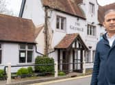 Hari outside The George in Kilsby.
