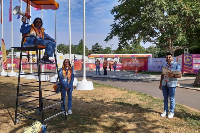 Commonwealth Games Team volunteers were greeting people as they came into Victoria Park in Leamington this morning. The park is hosting the bowls competitions for the Birmingham 2022 Commonwealth Games.