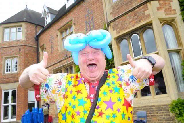 Clowing around at the garden party.