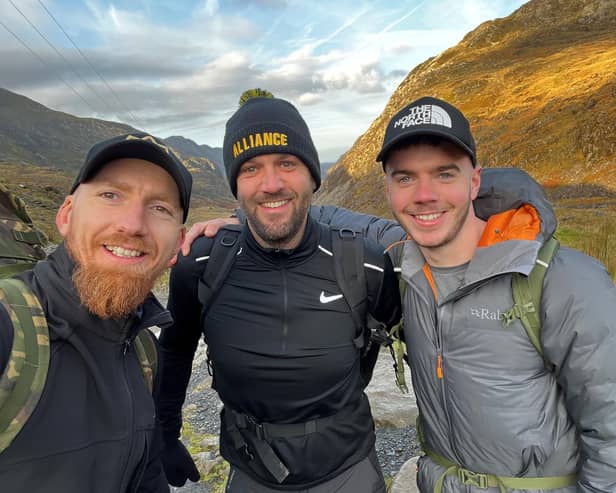 James Lennon (right) pictured with Alex Myers and fellow climber Craig Jones on a previous Snowdon climb. Photo supplied