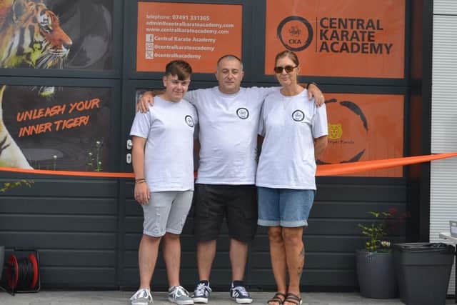 Jake Byrne, Neil Byrne and Jo Hogarth outside Central Karate Academy