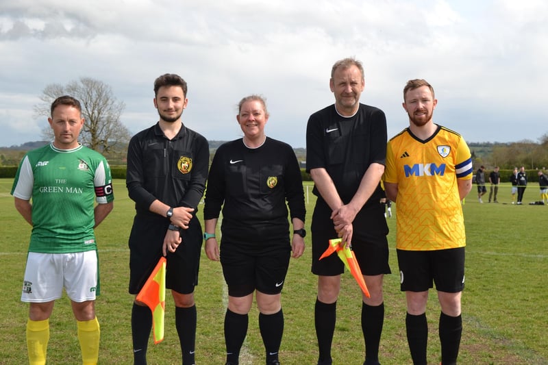 Referee Amanda Woolley, Assistants Brian Darby and Harry Whiston, with captains Ash Kitchen and Andy Yeates.