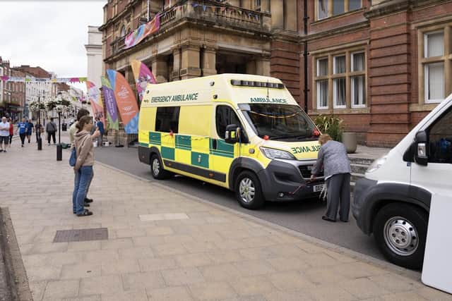 The two ambulances lined up outside Leamington Spa Town Hall ready to be driven to Ukraine. Picture submitted.