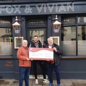 Eddie Carroll (left) and Barry Geaney (right) who organised the event with Matt Crowley (centre) publican of the Fox & Vivian in Leamington. Photo supplied