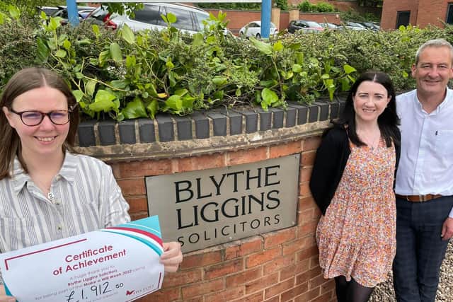Left to right: Jessica McDonnell, Kayleigh Mullins and Paul England from the wills and probate team at Blythe Liggins Solicitors, which raised £1,912 for The Myton Hospices by giving its time for free during the Make a Will Week campaign. Photo supplied
