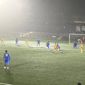 Leamington on their way to defeat on a wet night at Rushall Olympic on Tuesday.