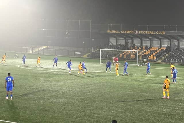 Leamington on their way to defeat on a wet night at Rushall Olympic on Tuesday.
