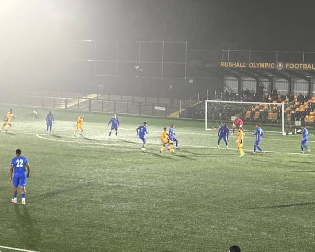 Leamington on their way to defeat on a wet night at Rushall Olympic on Tuesday.