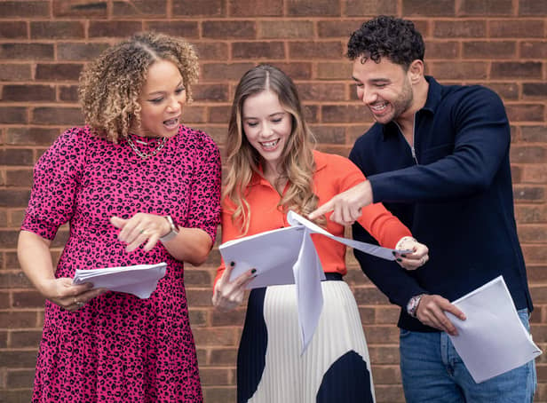 <p>Angela Griffin who plays Kim Campbell, Katie Griffiths who plays Chlo Charles and Adam Thomas who plays Donte Charles, as they prepared for filming for their return to BBC1 Waterloo Road.</p>