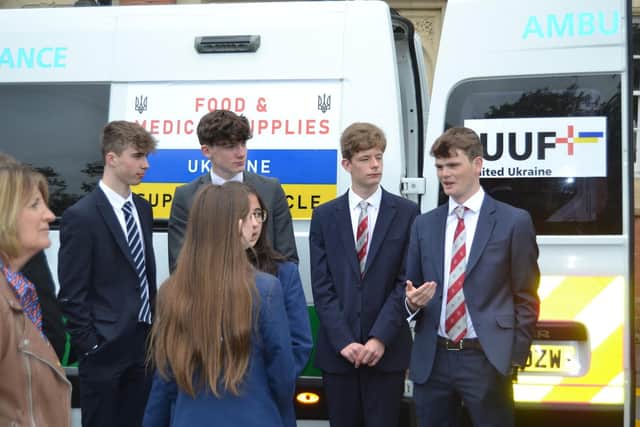 Some of the pupils and staff from Warwick School and King’s High who helped raise money to fund two ambulances for Ukraine. Photo supplied