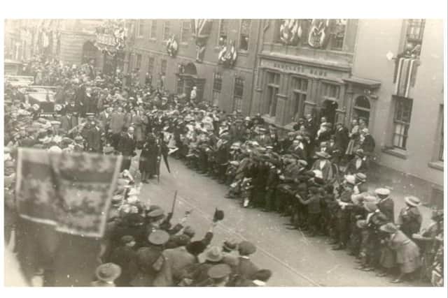 H.R.H Edward, Prince of Wales, walking along Warwick High Street, on his visit on 14th June 1923. Photo courtesy of Warwickshire County Record Office.