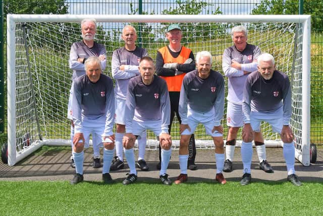Graham Timms in a team photo as the goalkeeper for the England Over-75s Walking Football team. Picture supplied.