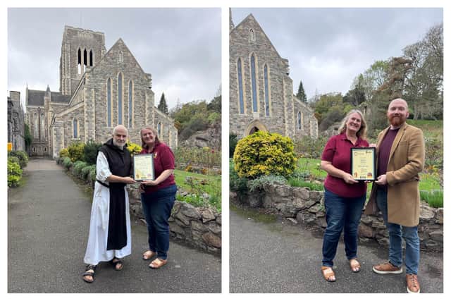 Left shows CAMRA Heart of Warwickshire chair Julie Griffiths presenting a certificate to Brother Martin at Mount St Bernard Trappist Brewery and right shows CAMRA Heart of Warwickshire chair Julie Griffiths presenting a certificate to Bill Hall from Halls Brewery. Photos supplied