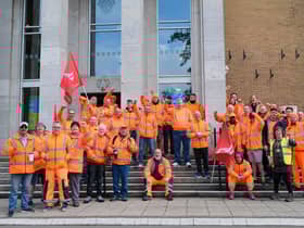 Striking workers outside the town hall on the day Rugby's new mayor was elected.