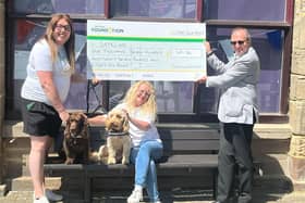 Alex Pearson, community champion at Morrisons, with Archie and Chester, Rachel Stevens, Safeline development officer and Deputy Mayor of Warwick Cllr Dave Skinner. Photo supplied