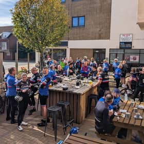 Members of Warwick Lanterne Rouge cyclin club celebrated the club's ten year partnership with Dough & Brew in the town at the weekend. Picture supplied.