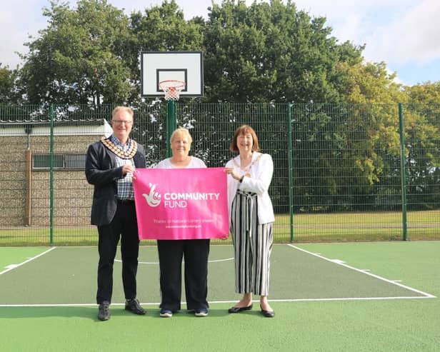 The Mayor of Whitnash, Councillor Simon Button with Warwick District Councillor for Whitnash, Councillor Judy Falp and Chairman of Warwick District Council, Councillor Sidney Syson at the Multi Use Games Area in Whitnash. Picture supplied.