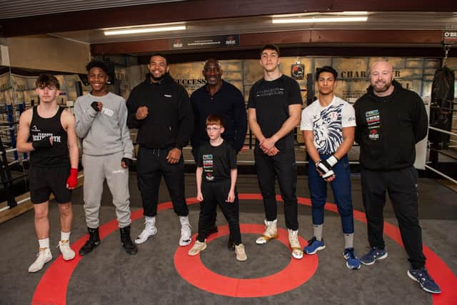 Ivanson Ranny ‘Johnny’ Nelson MBE announced his collaboration with Warwickshire Gin Company during a recent visit to the town in which he met local amateur boxersat Cleary’s Boxing Gym.Photo show: Reni Bulyka, Akeil Mayanga, Joe Bourne, Johnny Nelson, Charlie Canavan, Lewis Williams, Aman Kumar and Edwin ClearyPhoto by Mark Varney