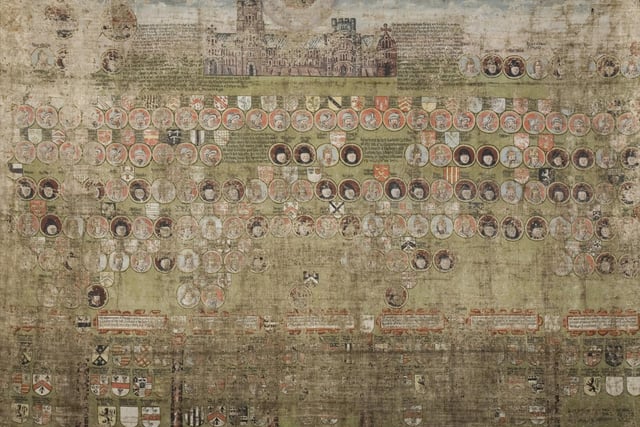 The Tabula Eliensis, is an Elizabethan painted cloth, measuring 2.3m x 2.6m, records a history of Ely covering nearly 1,000 years. Created in 1596, it speaks to a turbulent period in English history, when Elizabeth I repeatedly faced imminent invasion from the Catholic Philip II of Spain.