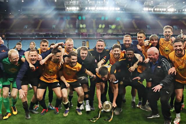 Celebrations at Villa Park as Leamington lift the Birmingham Senior Cup for the eighth time after beating Stourbridge 3-1   Picture by Sally Ellis
